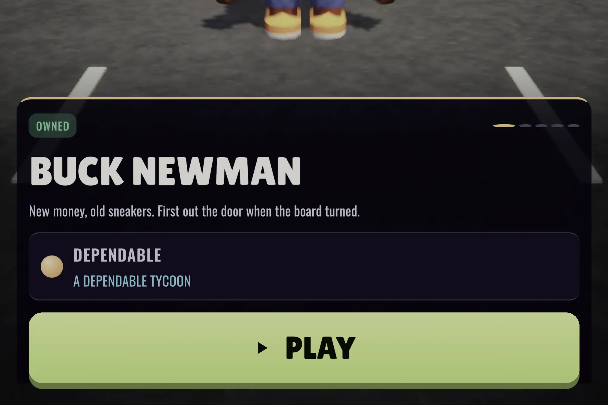 The character card in the game, one tycoon named with his trait and a play button.