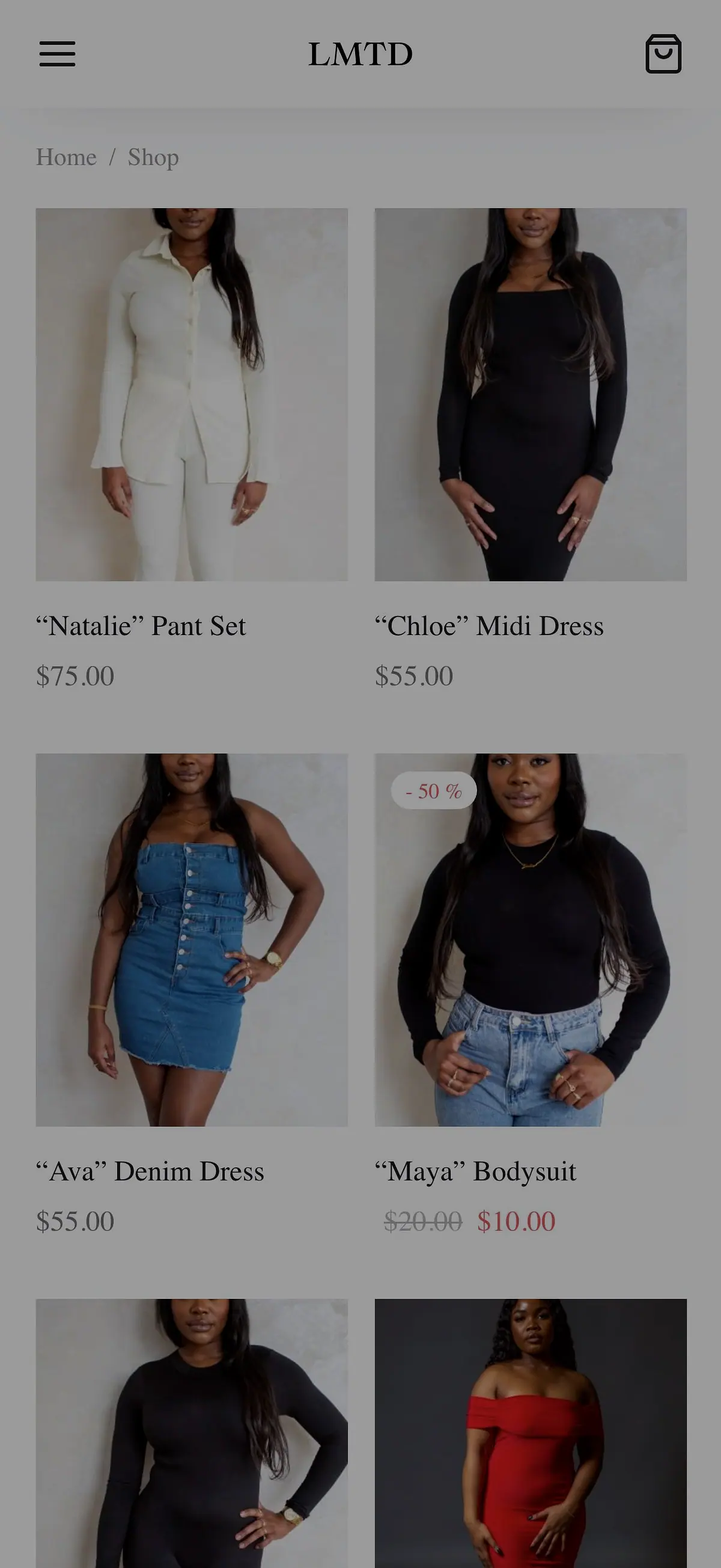 The shop grid on a phone, two products a row with names and prices.